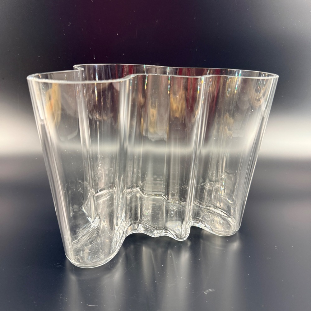 Vintage Iittala Alvar Aalto Clear Glass Wave Vase 160mm Finland Signed 6"